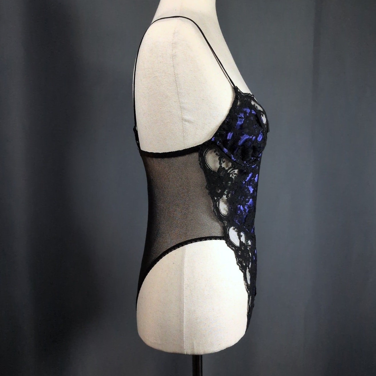 Vintage 1980s Victoria’s Secret Indigo Black Lace Teddy Lingerie Bodysuit Petite