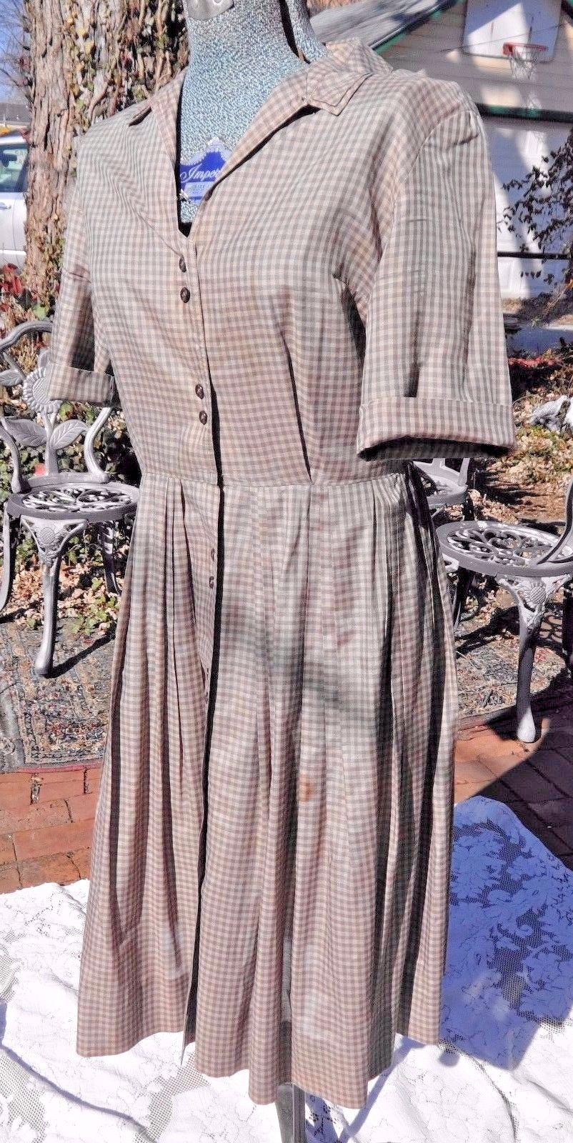 VINTAGE 1950’s – 60’s WESTBURY FULL SKIRT BROWN CHECKED DRESS MEDIUM