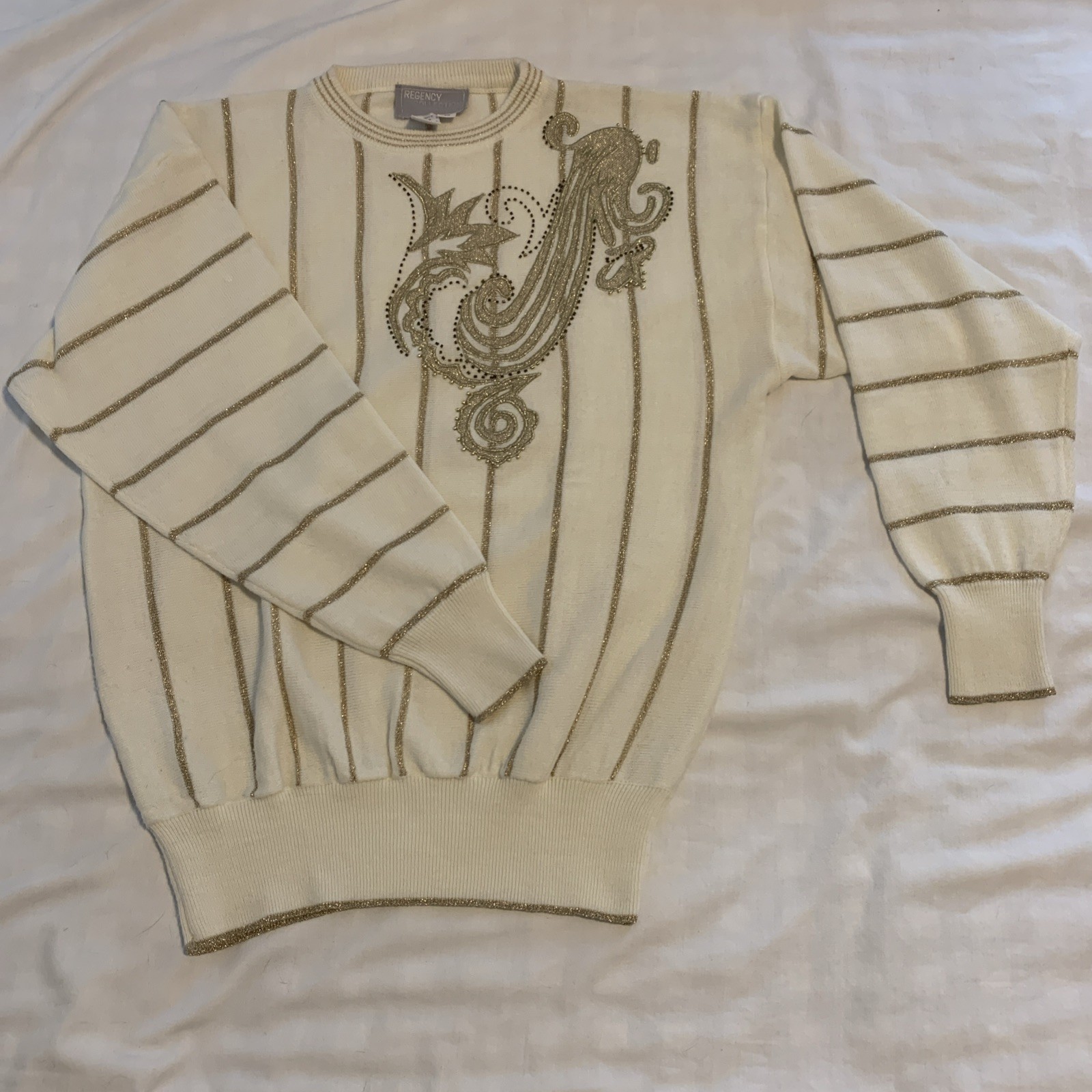 Regency Collection Christmas Vintage Beaded Sparkle Gold Shimmer Knit Sweater M