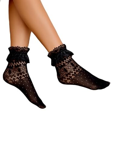 Lace Ruffle Frilly Socks for Women – Fashion Ladies Princess Black1-1 Pairs