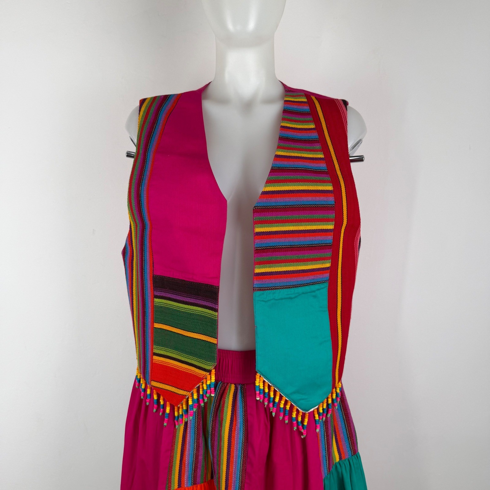 Starfire Vintage 2pc Vest Skirt Set Pink Rainbow Striped Beaded Fringe USA 8 10
