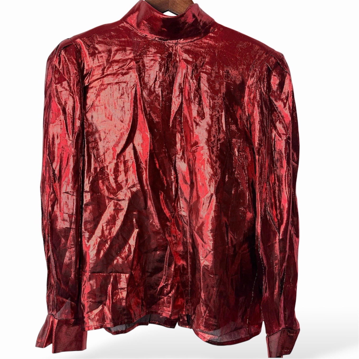 Vintage Red Metallic Lamé Disco Blouse High Neck Shiny Party Top Petite 4