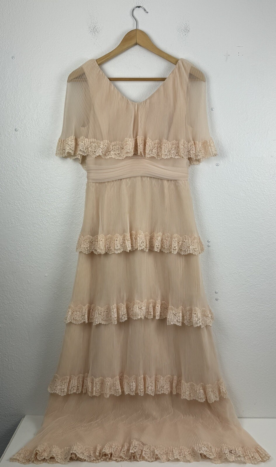 Vintage Miss Elliette Tiered Chiffon Dress Pleated Party Maxi Gown Peach Nude