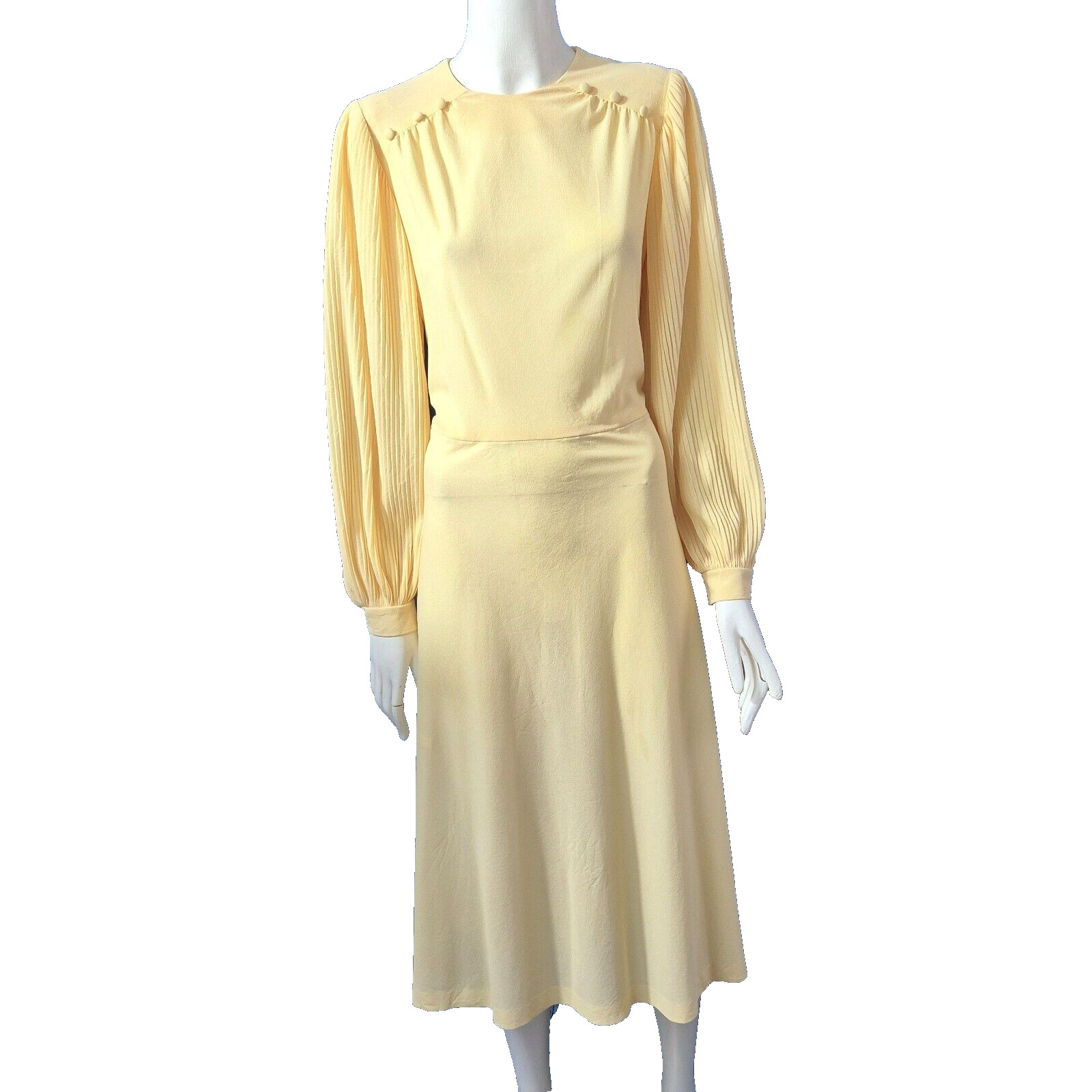 1970s Vintage Dress Yellow Crepe Pleated Balloon Sleeves D’allaird’s Canada Sz M