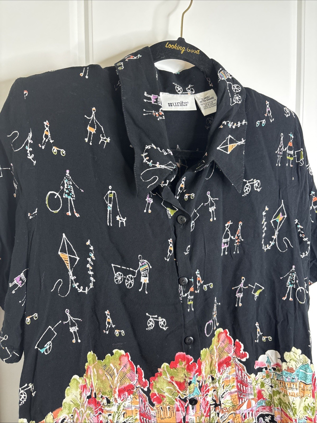 Vintage 80’s Units Blouse, Resort Scene, Doodles, Shoulder Pads Women’s Size XL
