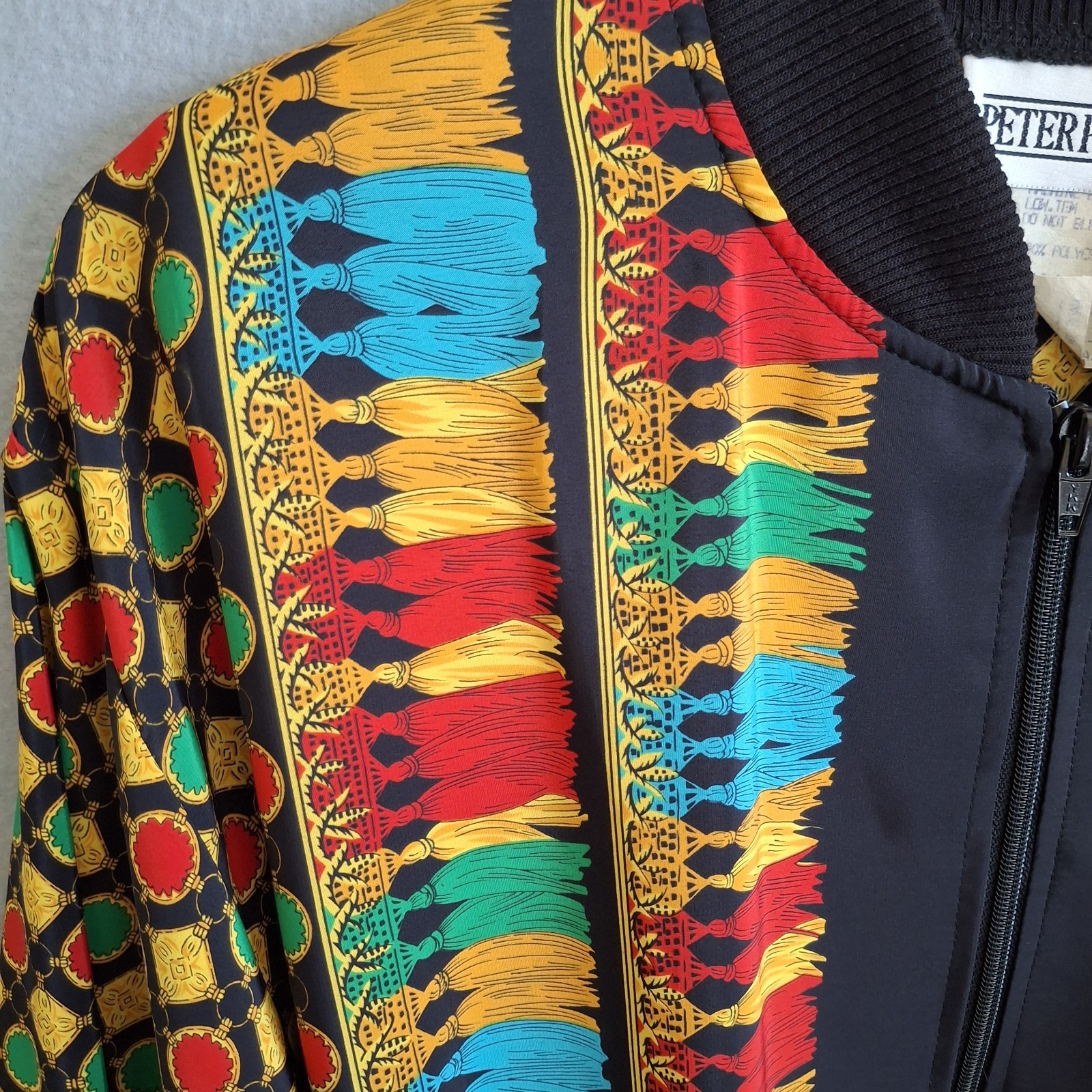 Vtg 80s Peter Popovitch Bomber Jacket Tassel Print Baroque Art to Wear M USA