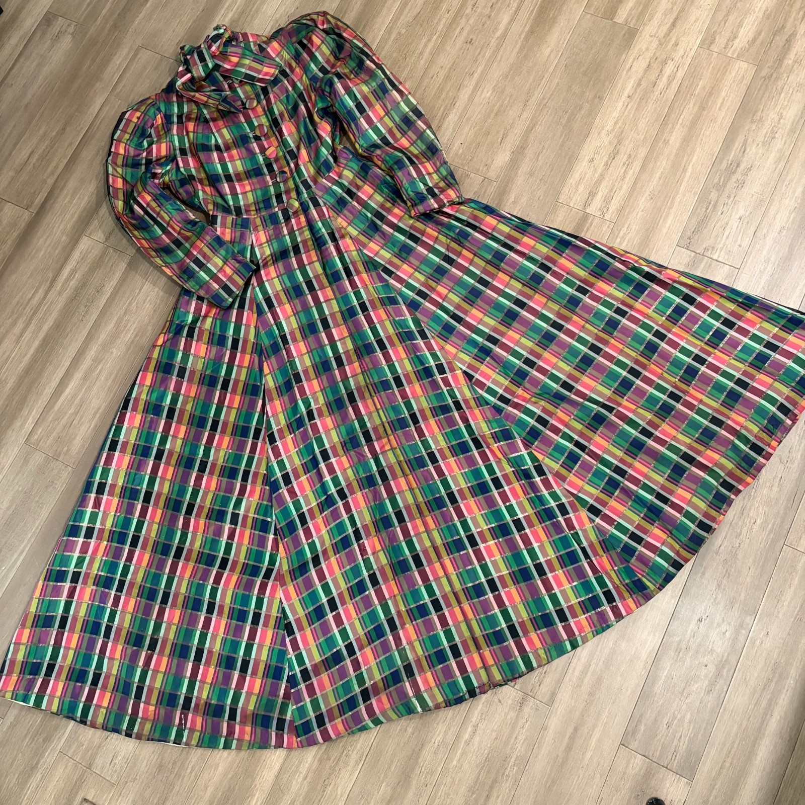 Vintage 1930s RARE Rainbow Silk Plaid Coat Mutton Sleeves Full Skirt Fancy Party