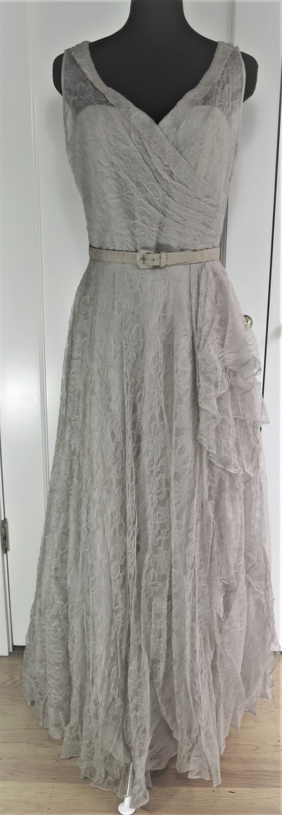Vintage 1950s Lace Over Taffeta Fit Flare Grey Maxi Gown Surplice Neck Belt S-M