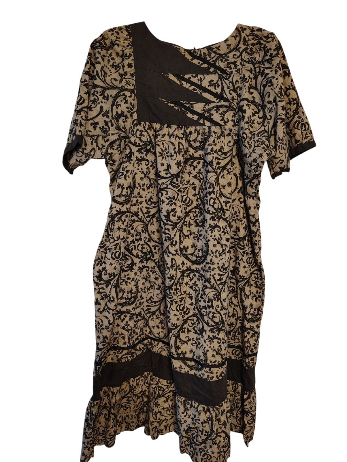 Vintage Carol Bennett Medium Hawaii Dress, Muumuu Taupe Black Abstract Pasiley