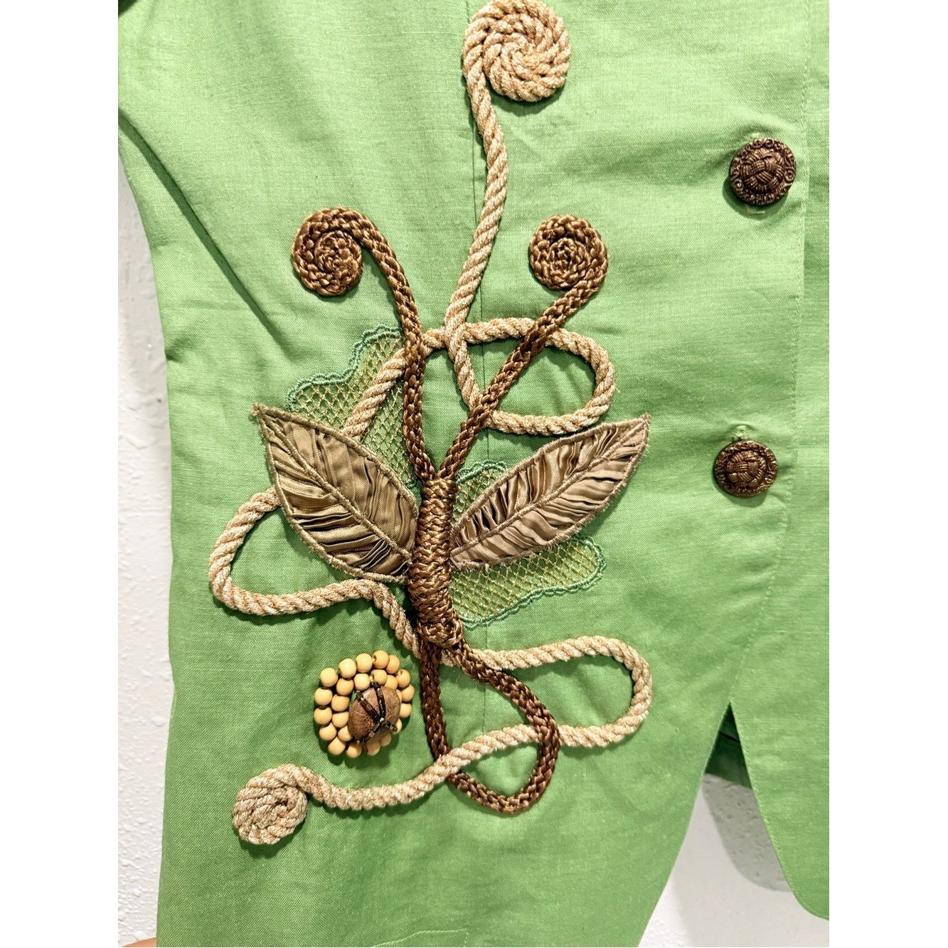SET of two Vintage 100% RAMIE Embroidered Green high waist Trousers and blouse 8