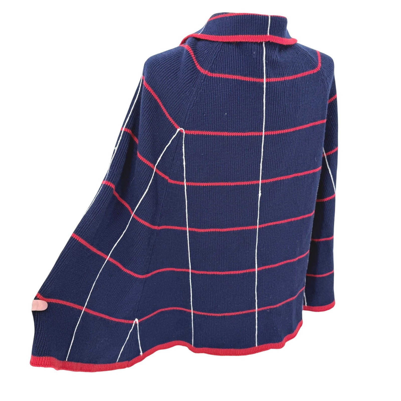 Vintage Glentex Navy Blue Red Plaid Button Front Cape Poncho Sweater One Size