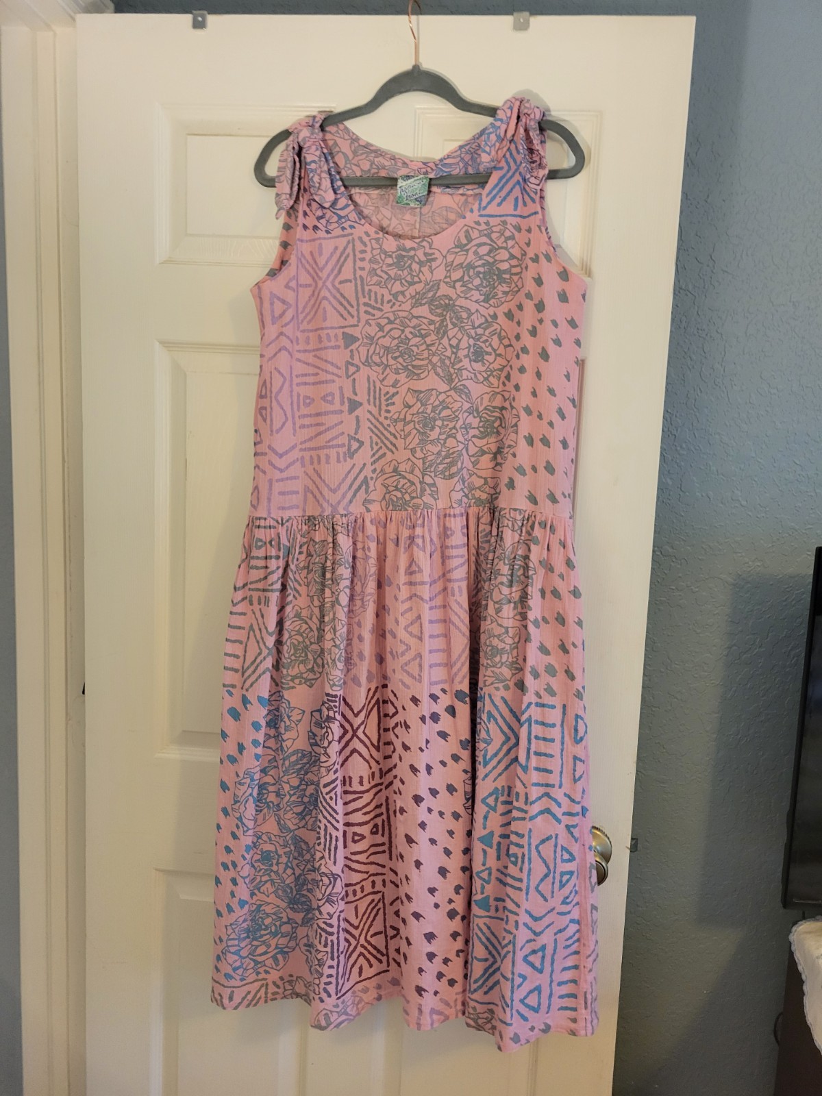 Tropical Front Women’s Pink Print Midi Sundress with Shoulder Ties Size Large