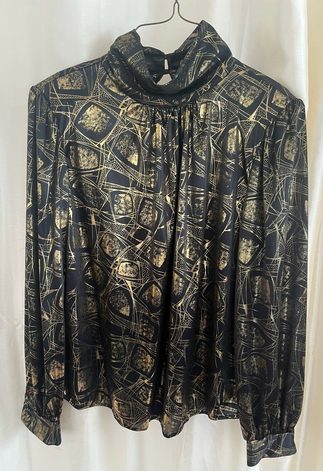 Vintage 80s Lauren Lee Black Gold Metallic Blouse Womens 8 Mock Neck Retro
