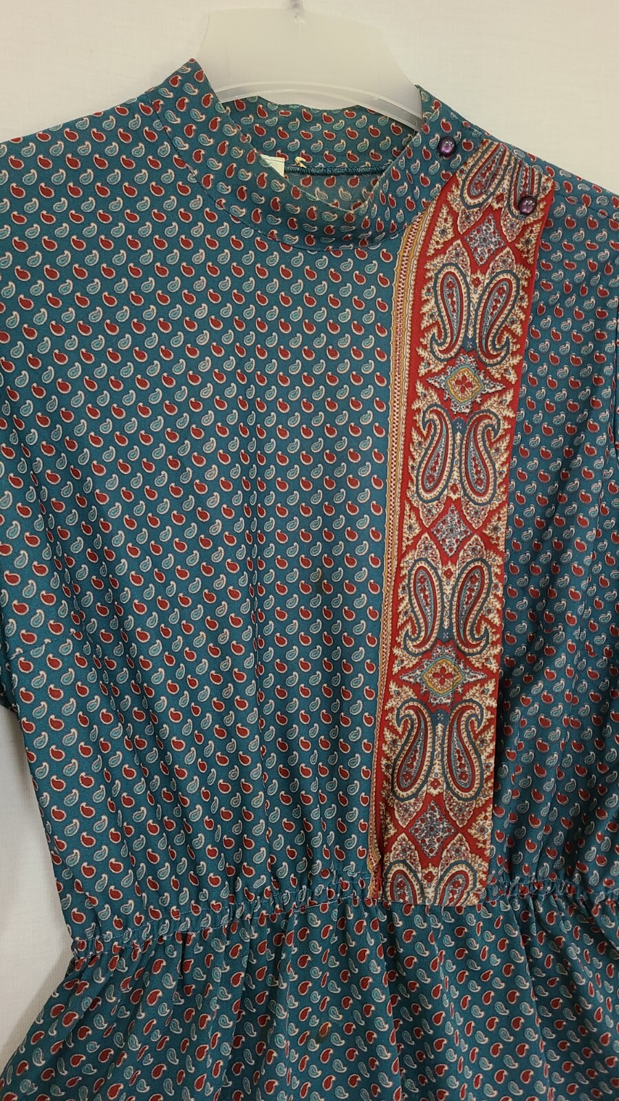 Vtg Lorac Original By Lady Carol Teal Paisley Crepe Blouson Belted Dress