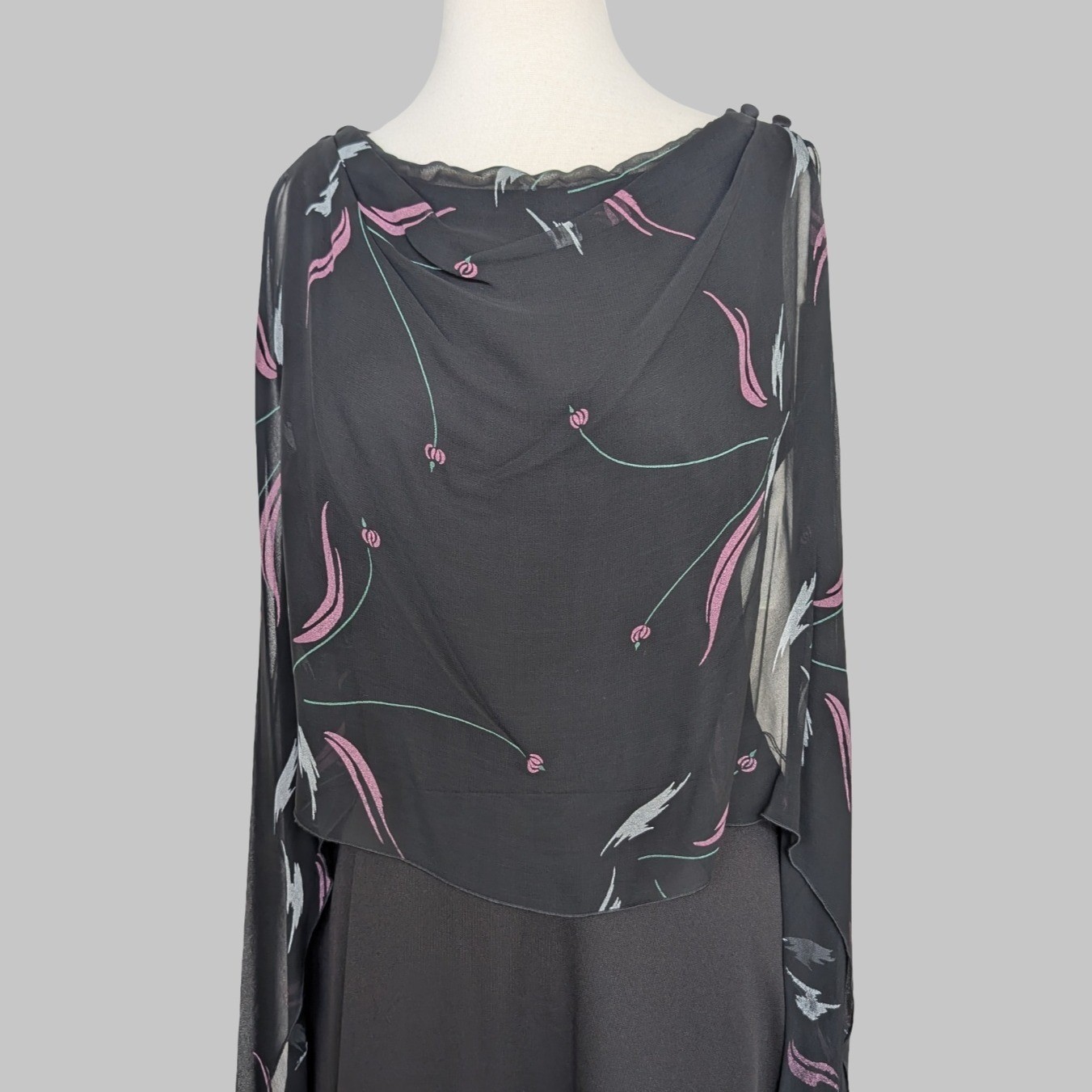 Vintage 70s Draped Disco Goddess Dress Sheer Overlay Evening Gown