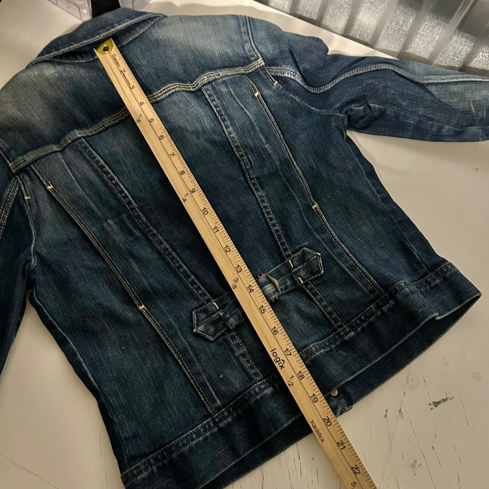 Vintage USA made 7 For All Mankind Denim Trucker Jacket Medium Wash Cinch