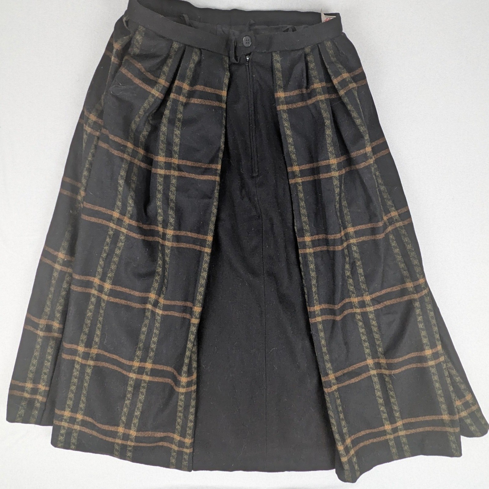 Vtg Litza Windowpane Plaid Pleated Midi Skirt Black/Brown W. Germany 30W