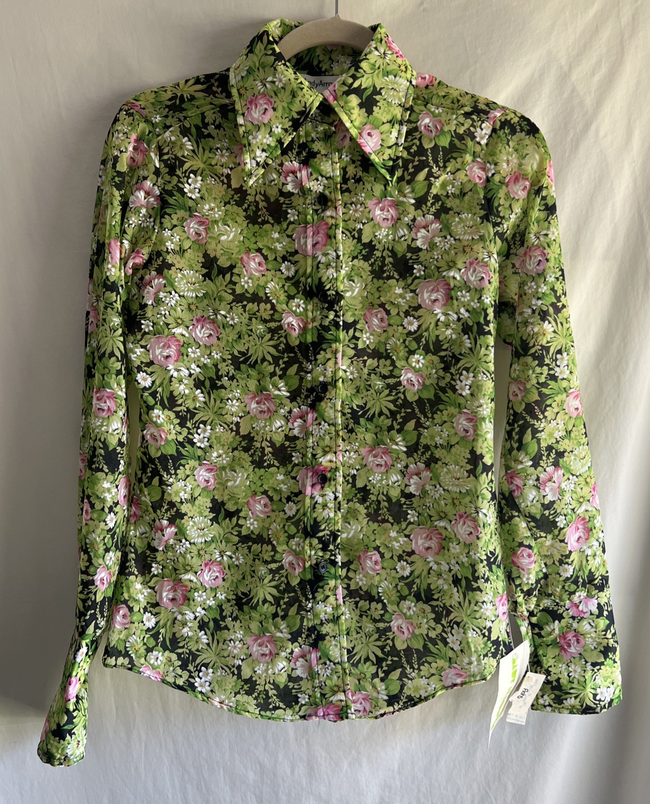 1970s Lady Arrow Semi Sheer Blouse Top Disco Floral Black & Green Size 10