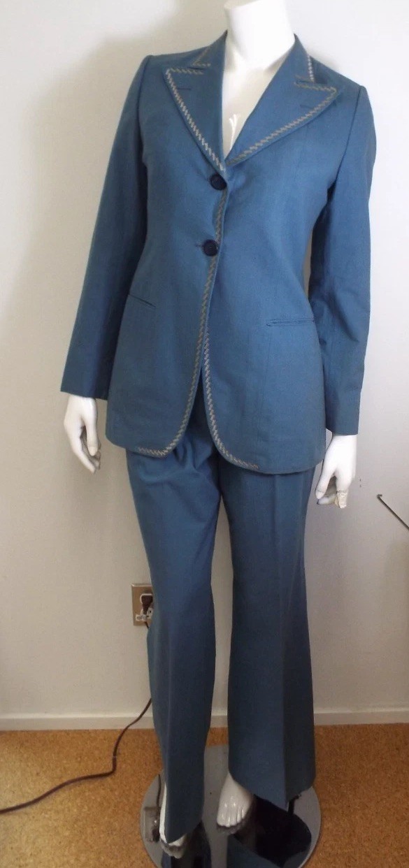 Vintage 1970s De Noyer Blue Cotton Womens Pant Suit 36 James Borynack France
