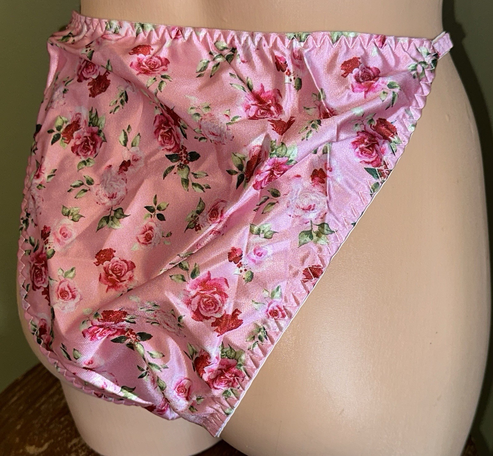 VTG 80’s 90’s Style Pink Floral Satin Hi-Cut String Bikini Panties XL NEW