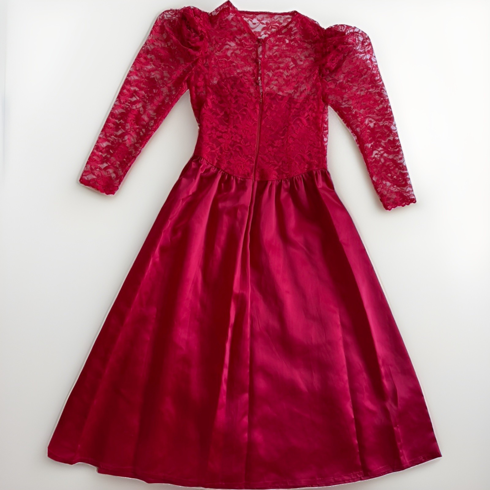 Vintage 80s Lace Satin Formal Dress Puff Sleeve Red Prom Homecoming Wedding READ