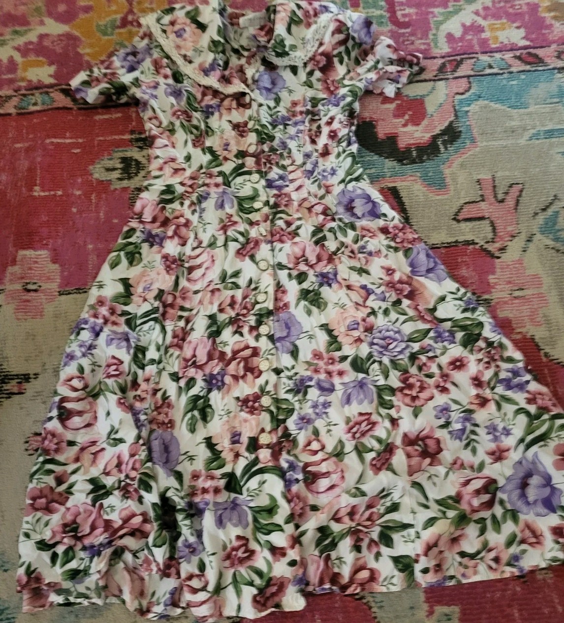 VTG Betsy Lauren 11 12 lace collar shoulder pads floral 1980s church dress lady