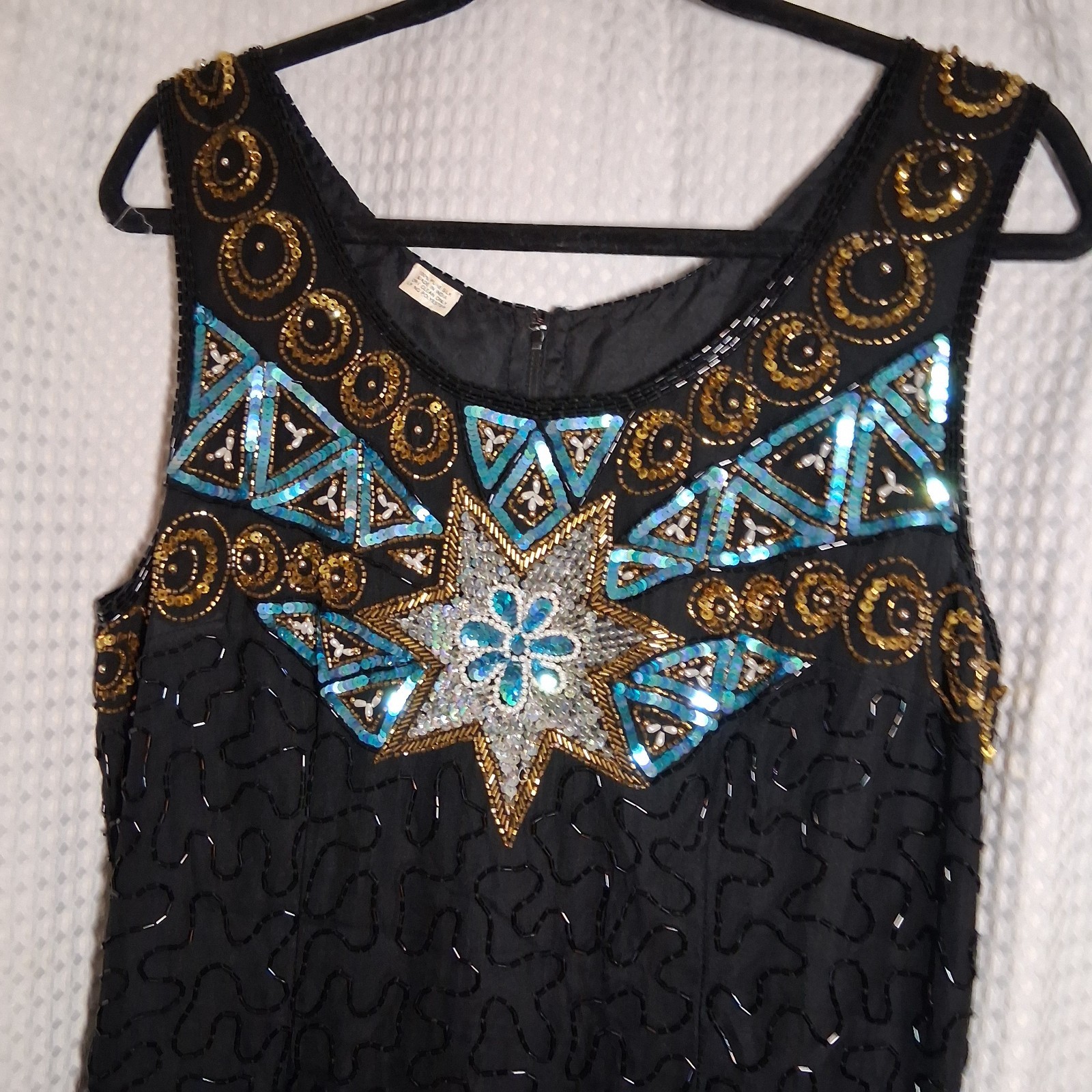 Vintage Dress 100% Silk Black Beaded Art Cocktail Size 10 Knee Length Sequins