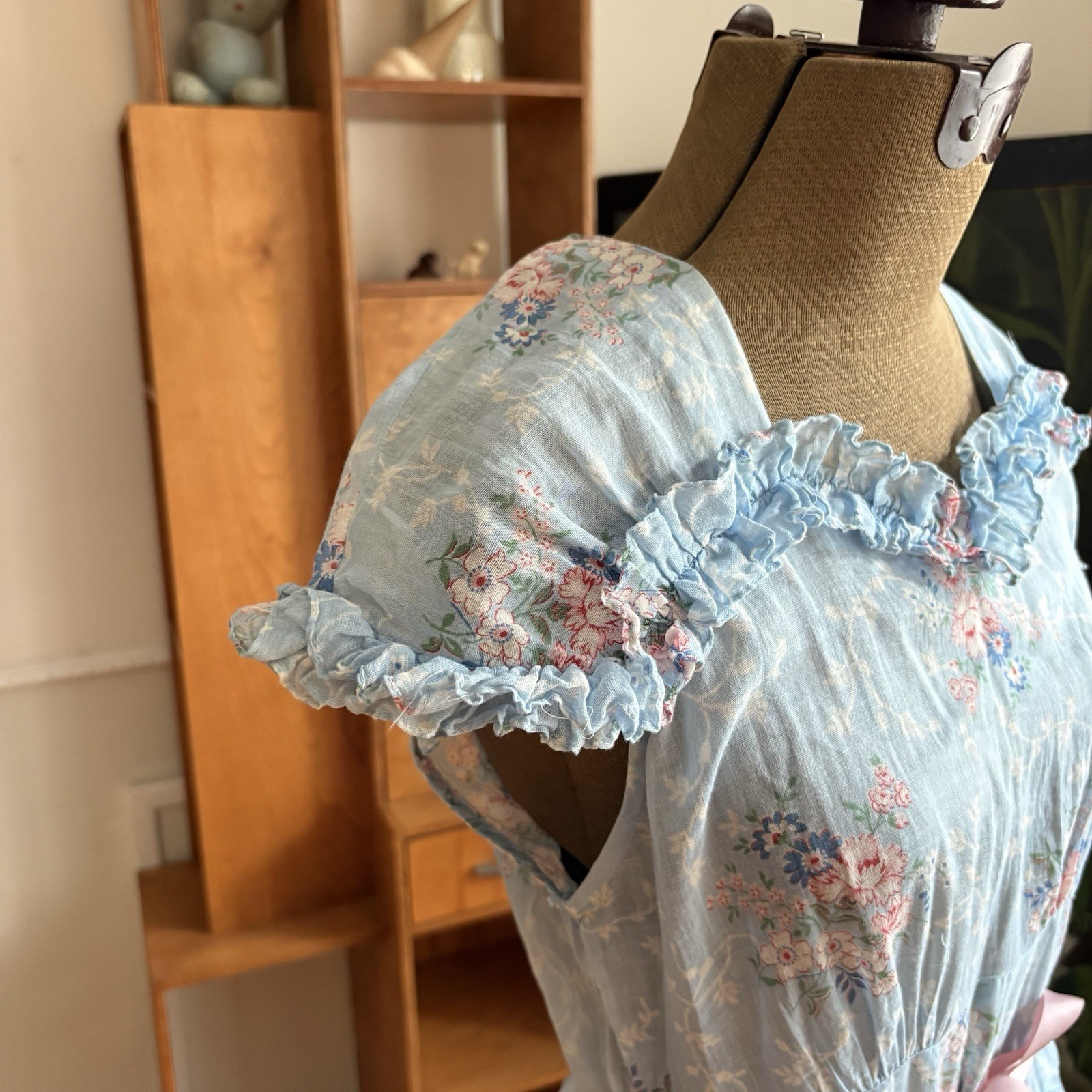 Vintage 1940s Blue Floral Cotton Voile Fabric Dress Ruffle Trim Summer