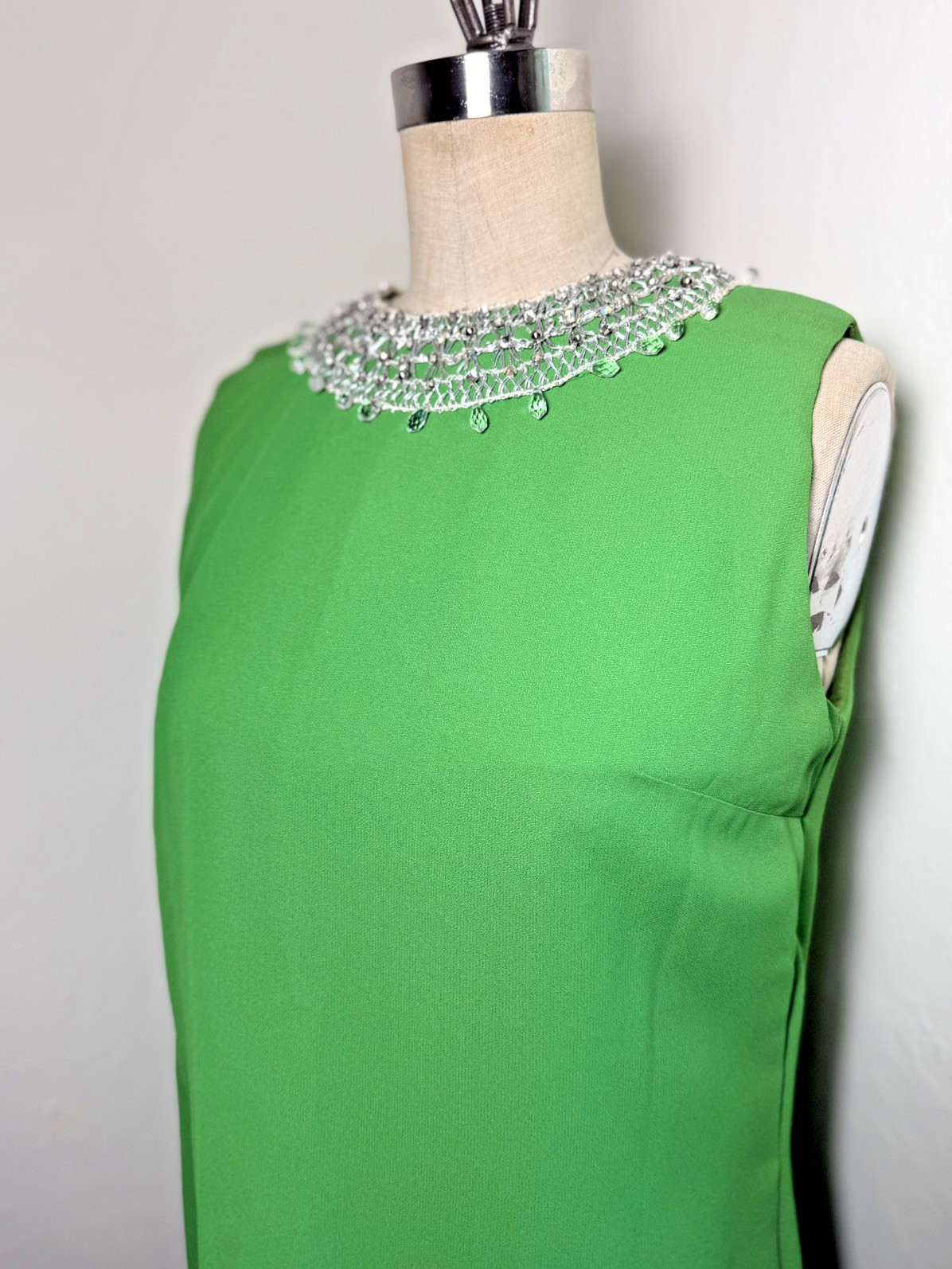 Vintage 1960s Cape Back Mod Shift Dress Rhinestone Collar ILGWU Union Made Green