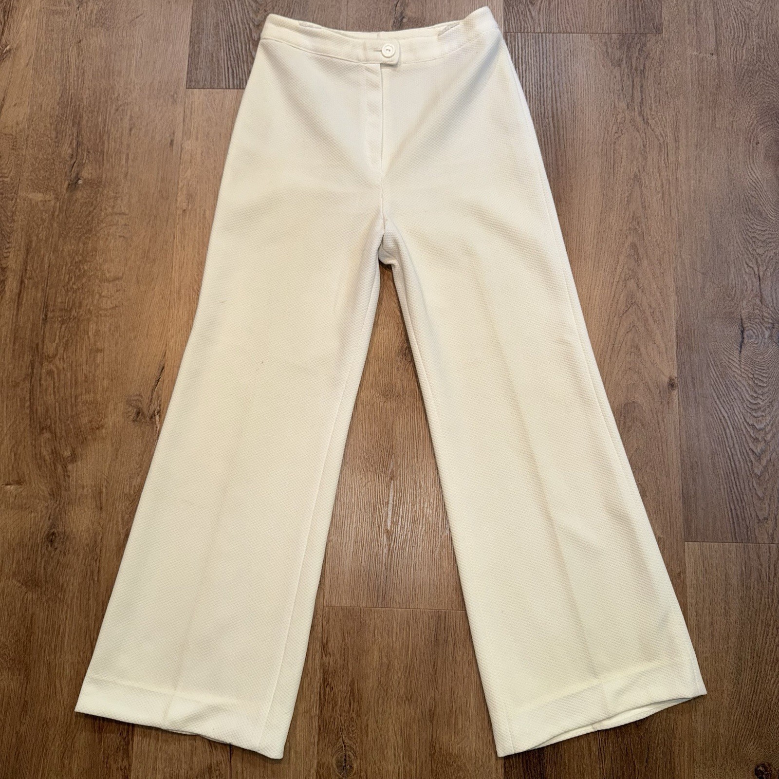 Vtg Bell Bottom Pants Womens 27 27 Loubella 60s 70s Polyester Disco Hippie Cream
