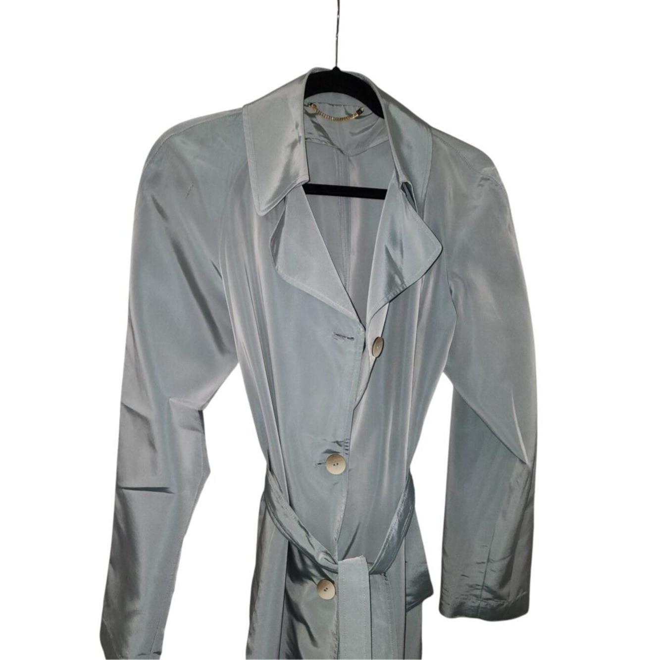 Vintage Silvery Blue Satin Trench Coat Women’s Lightweight Belted Duster Jacket