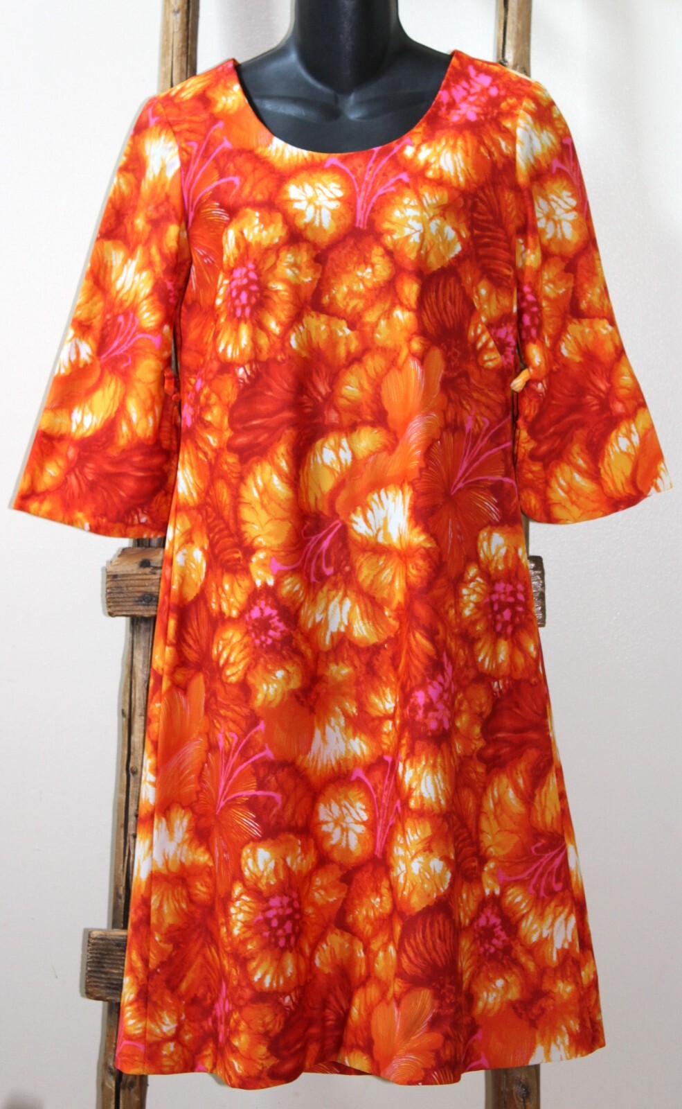Vintage~PACIFIC ISLE~Creations of HAWAII~Orange Floral~DRESS~3/4 Sleeve~MEDIUM?