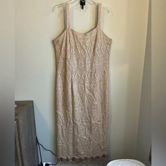 ONYX NITE Wendye Chaitin Vintage Gold Beige Lace Evening Dress with Fringe Trim