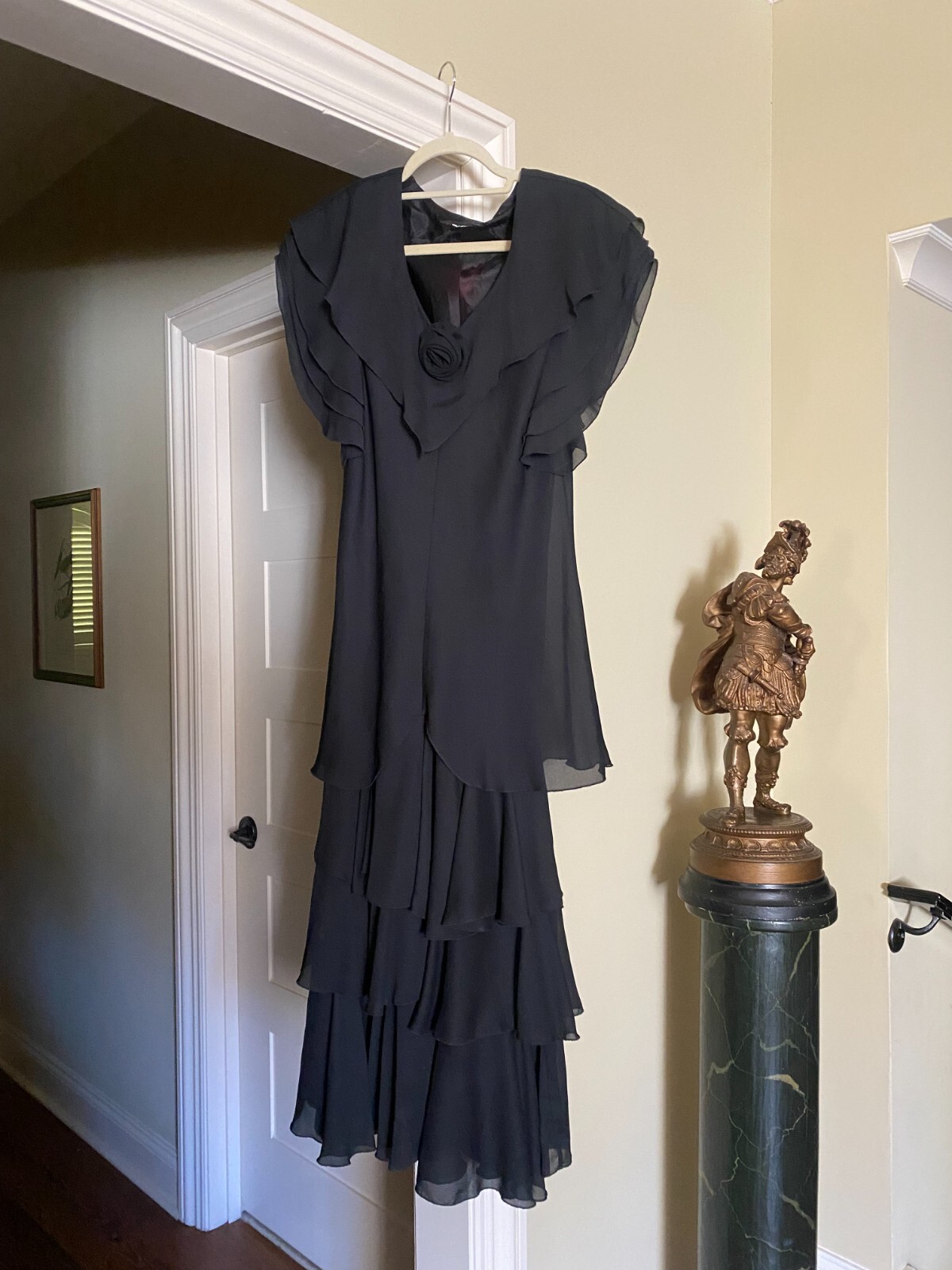 Vintage 1980s Black Chiffon Layered Ruffle Rosette Gown Classic Fairy