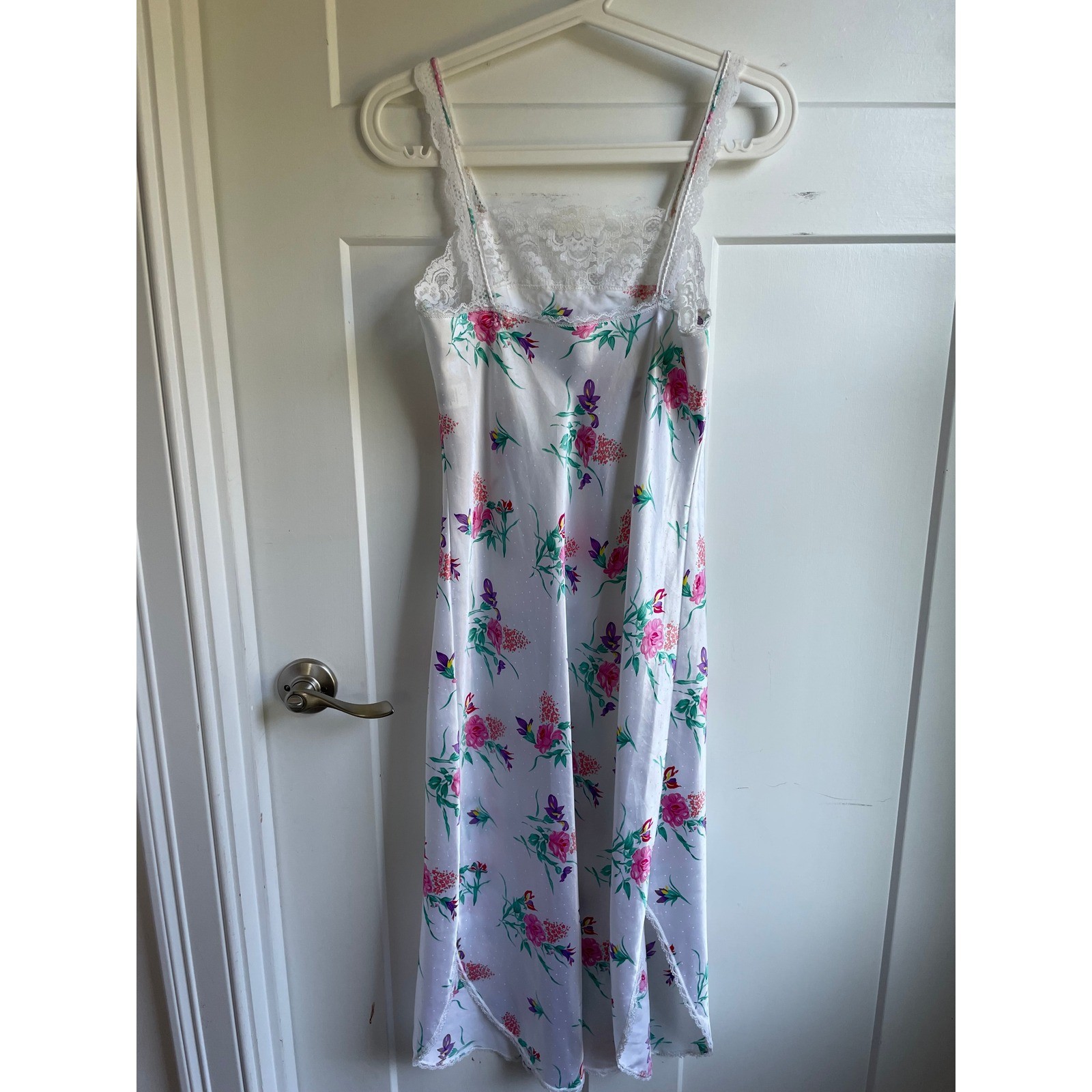 Vintage Floral Slip Dress Swiss Dot Lace Trim Tulip Hem Midi Coquette