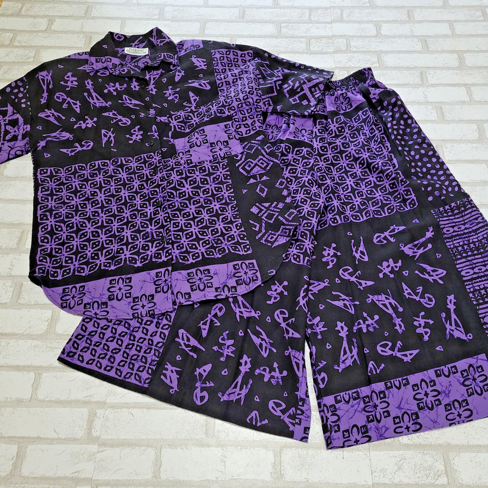 Vtg 80s California Connection Purple Black Geometric Palazzo Pant Shirt Set Sz L