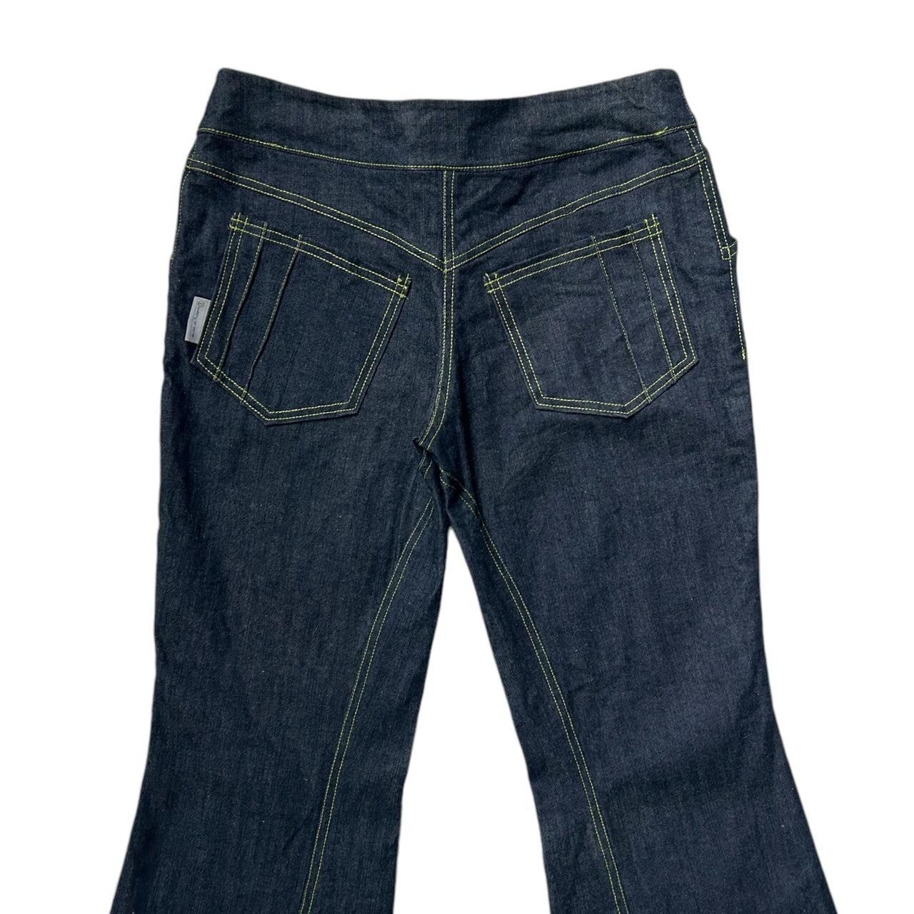 90s Y2K Vintage Low Rise Flare Raver Jeans Theory of Forms Club Kid Dark Wash.