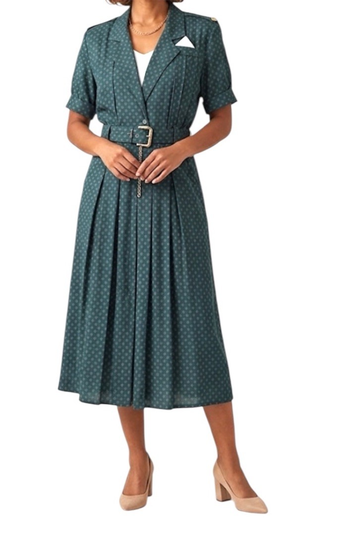 S.L. Fashions Vintage Green Geo Print Belted Collared Shirt Dress Medium