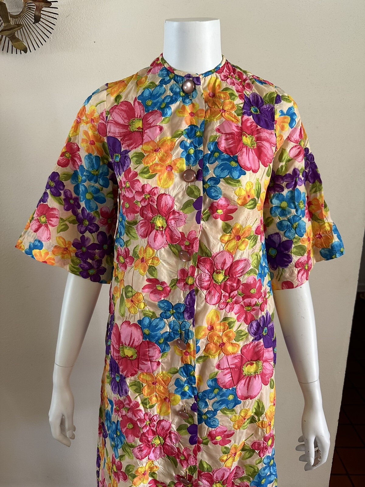 1960s Raised Floral Textured House Dress Hostess Lounge Shift Mod Retro Vintage