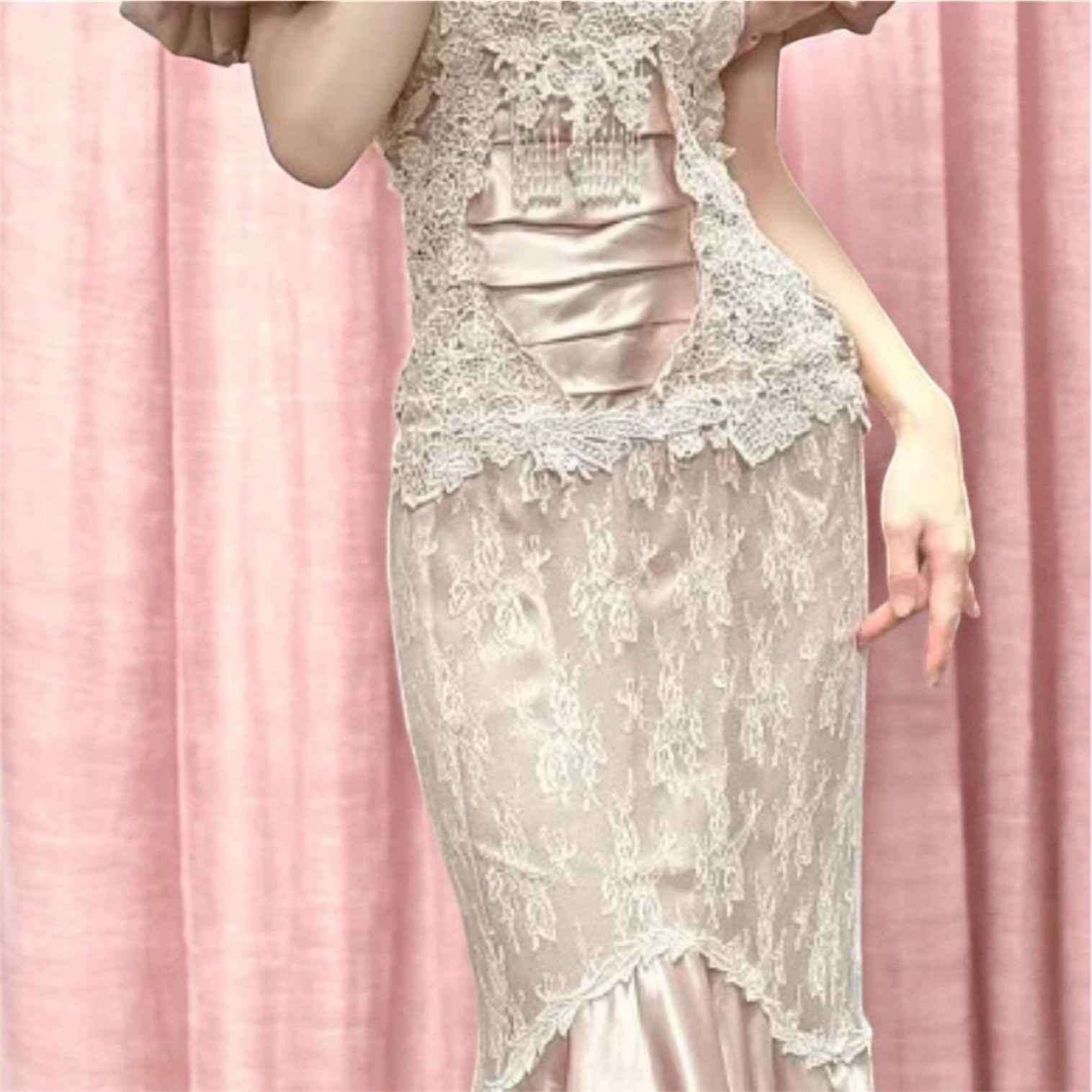 VTG 80s CACHET by Bari Protas Victorian Dusty Rose Satin & Lace Puff Dress S M