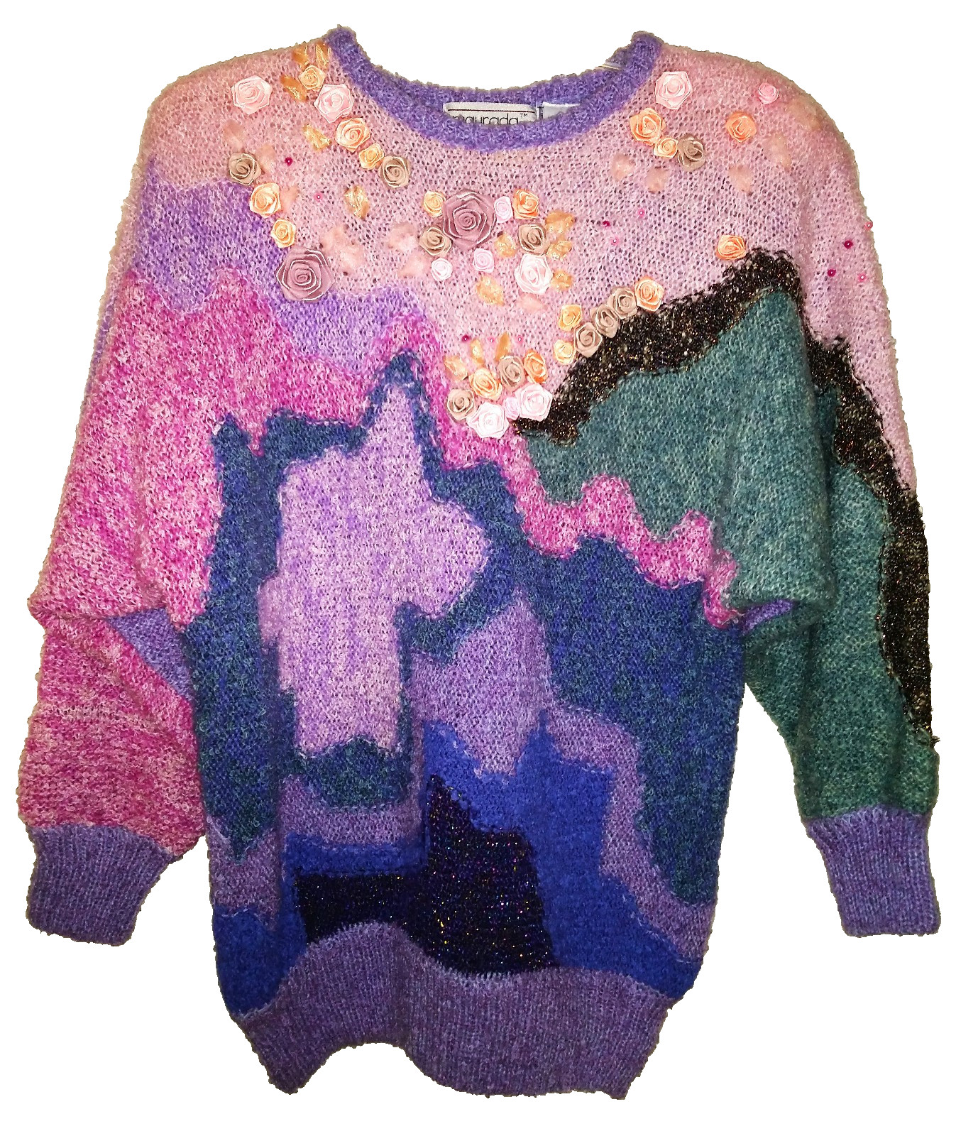 Vntg 80’s Maurada Pearl & Rosettes Embellished, Abstract Acrylic Sweater Size S