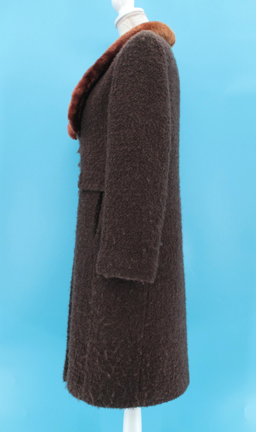 VTG Women’s 60s Dark Brown Boucle’ Wool Fur Collar Coat Sz S/M 1960s Mansfield