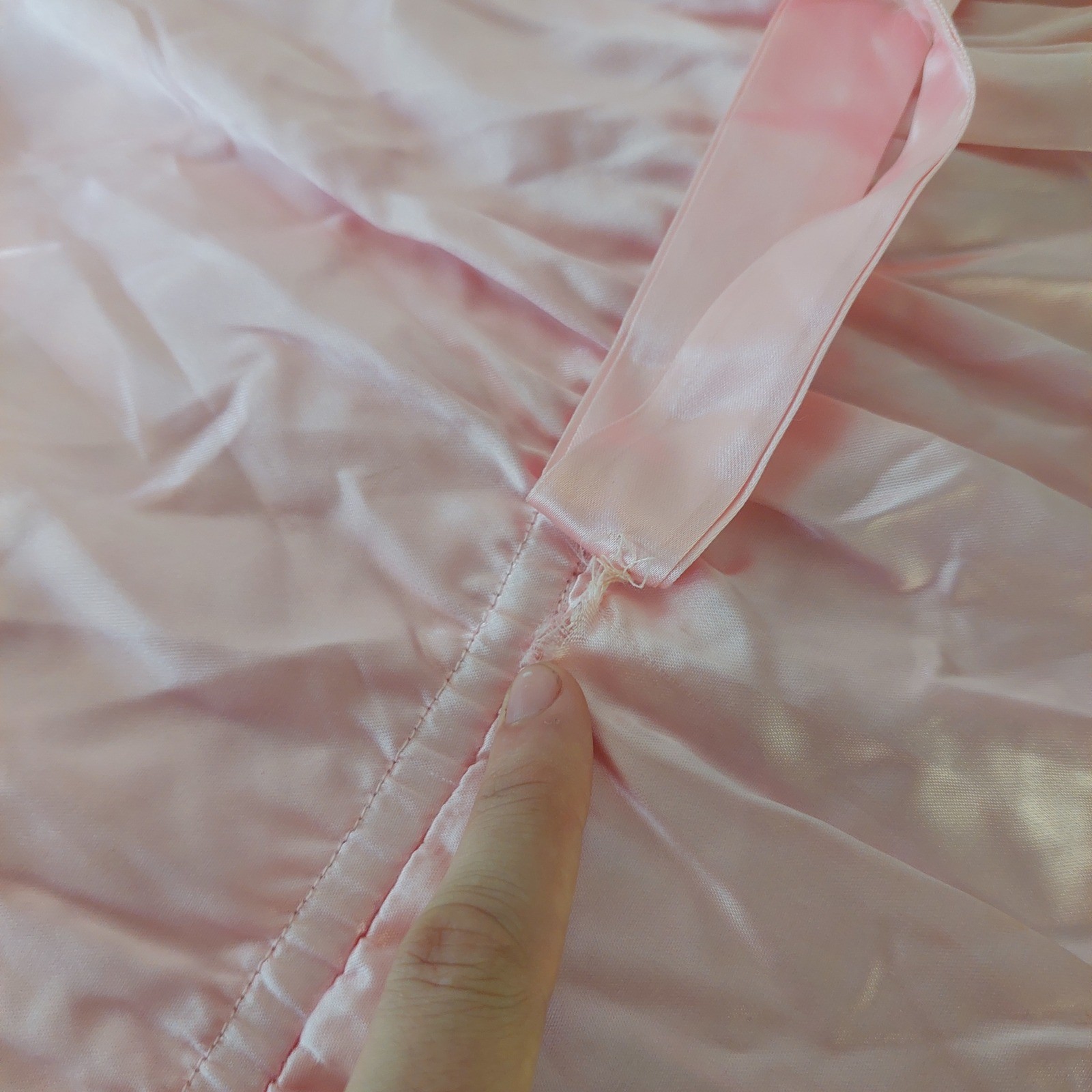 Vintage Homemade Pink Satin Lace Trim Maxi Sash Tie Ruffle Dress Sleeveless