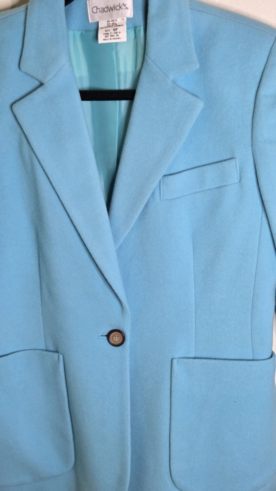 Vtg Chadwicks 6P Sky Blue WOOL CASHMERE Blend Pockets 1Button Lined Women Blazer