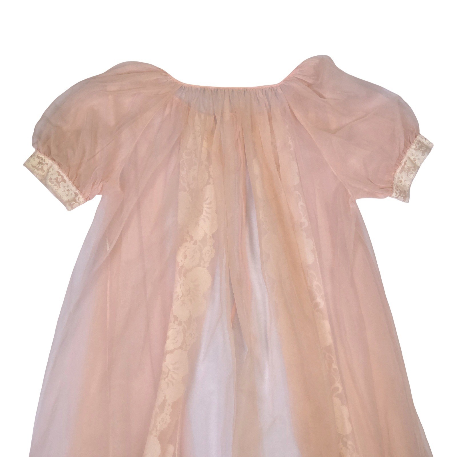 VTG 60s Pastel Pink Sheer Lace Trim Robe Puff Sleeve Chiffon Lingerie M Coquette