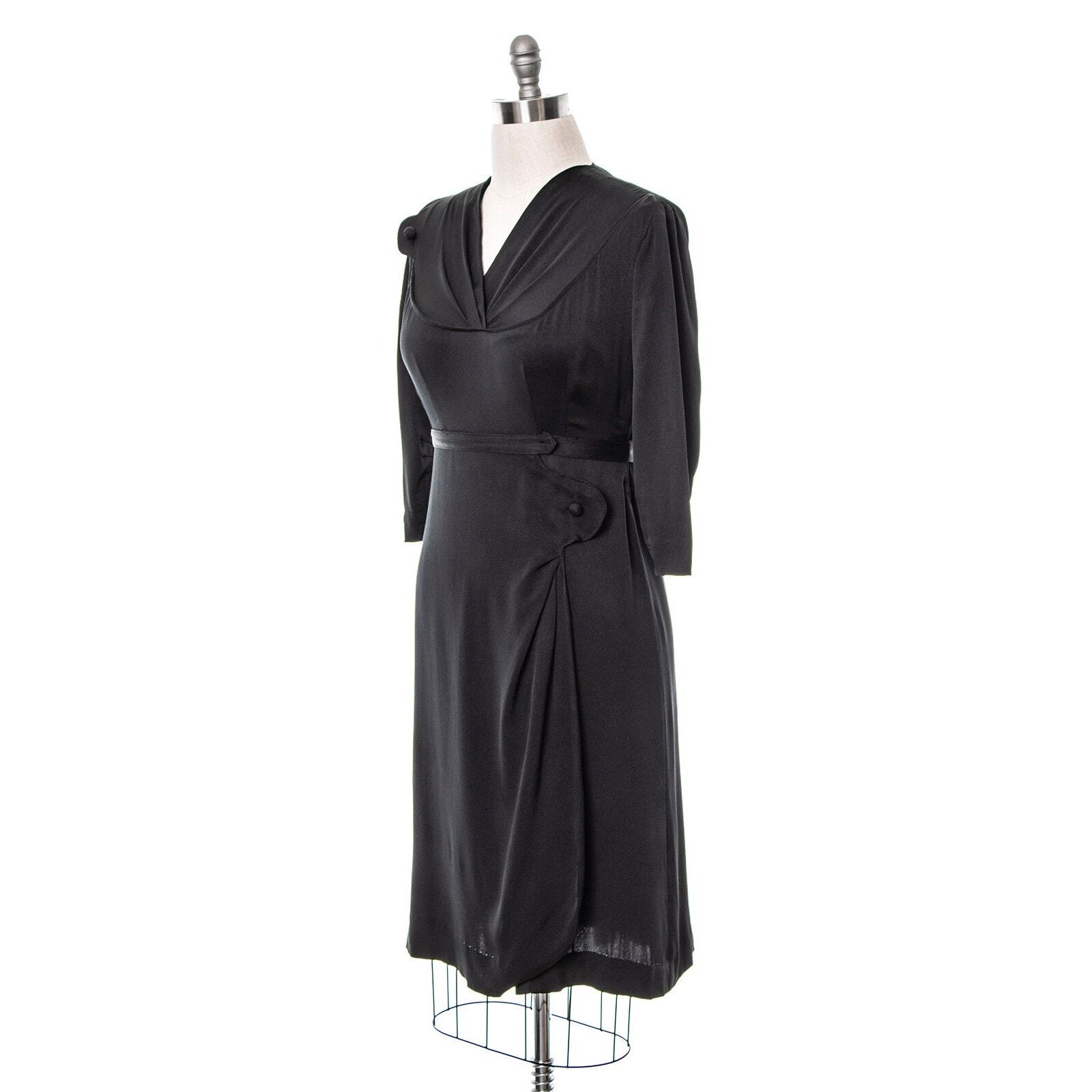Vintage 1930s Dress 30s Black Silk Draped Hip Sarong Skirt Sheath Cocktail LBD