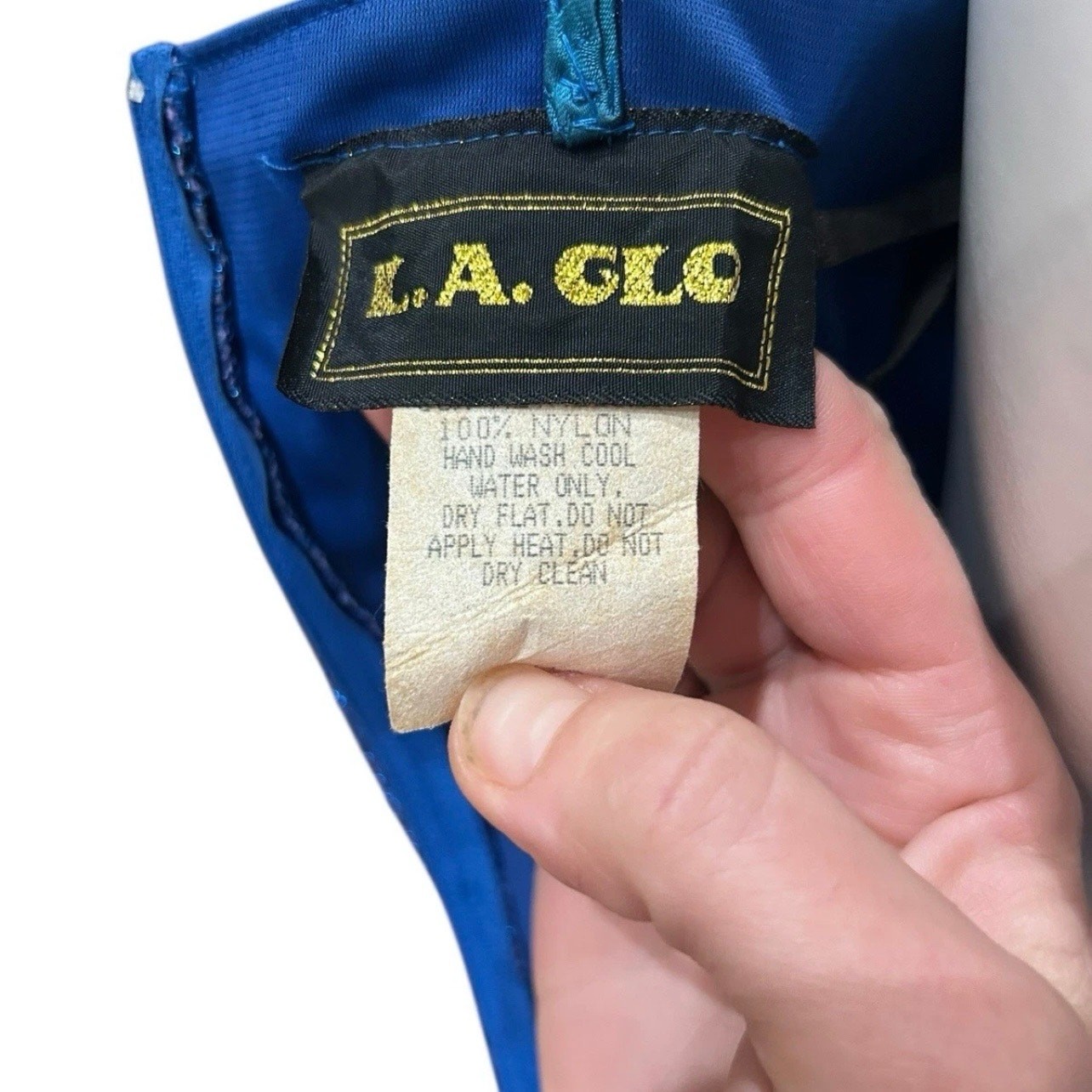 Vintage L.A. Glo Blue Sequin Maxi Dress 90s Spaghetti Strap Gown Small ^