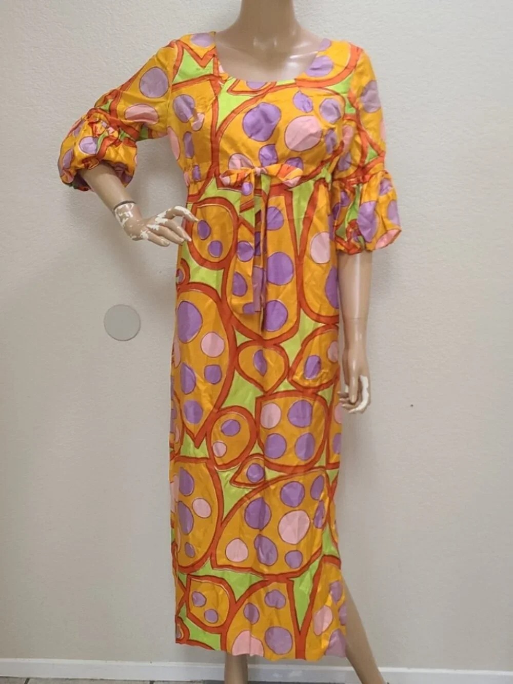 VINTAGE 1960s ALEX COLMAN BRIGHT PRINT CAFTAN HOUSE DRESS POLKA DOT GOWN sz S