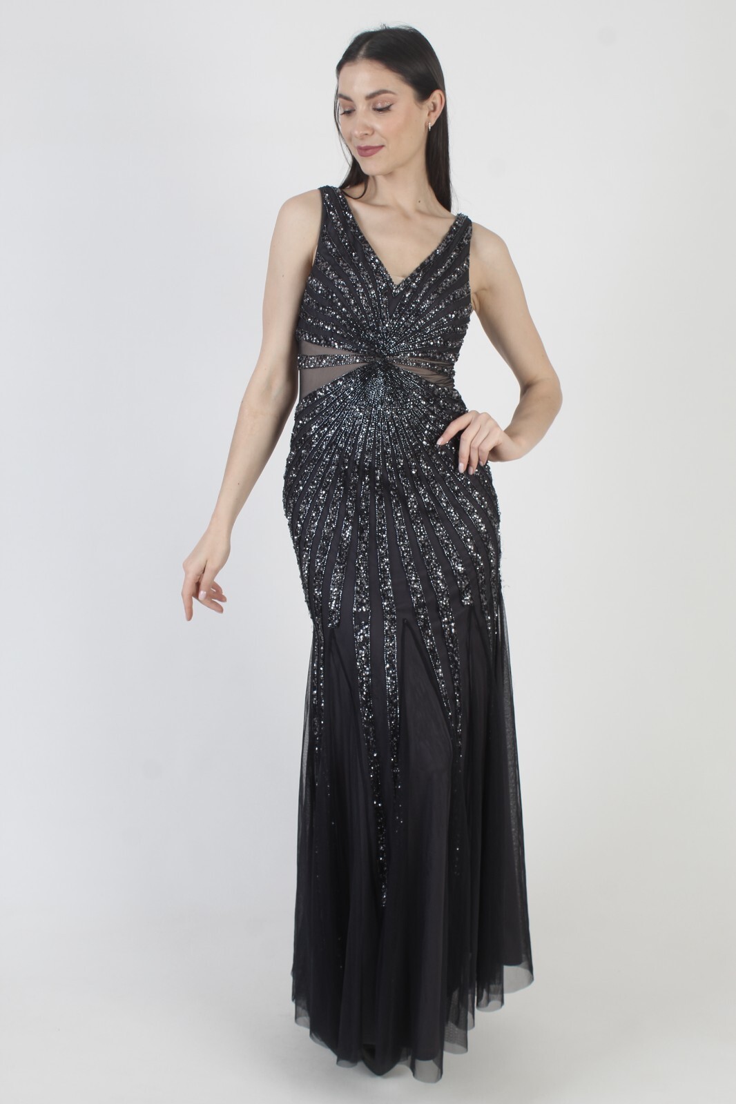 Adrianna Papell Beaded Dress Vtg Y2K Navy Prom Gown Long 2000s Evening Maxi Sz 2