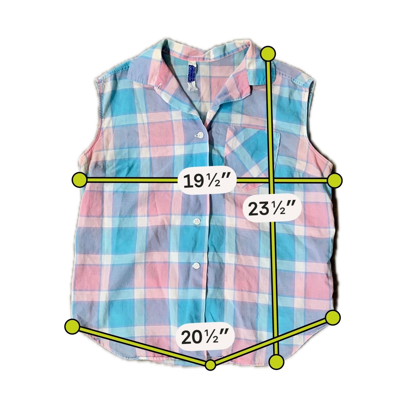 Vintage Sleeveless Plaid Button Up Shirt 1950s Sears Kerrybrooke USA Pink Blue